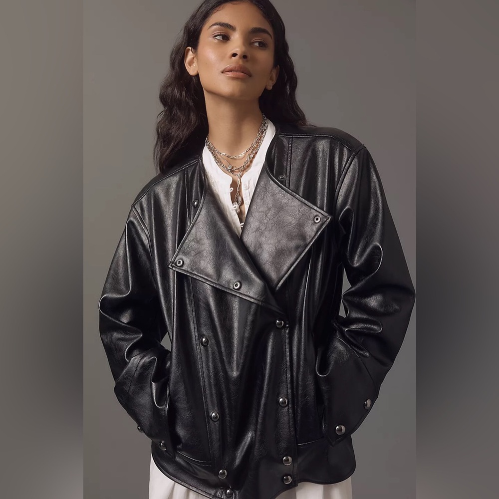 Anthropologie Pilcro Faux Leather Asymmetric Snap Moto Oversized Jacket Black S